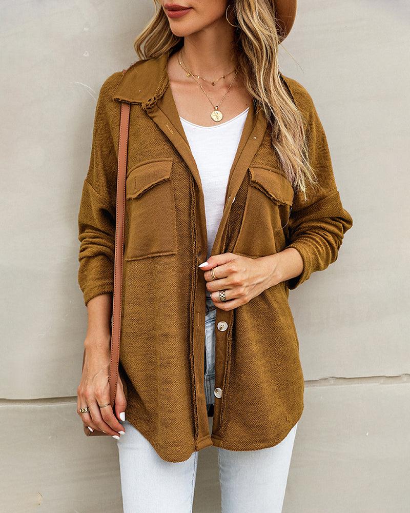 Solid Color Long Sleeve Jacket Casual Pocket Knitted Outerwears