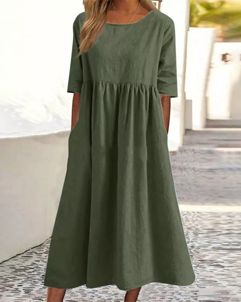 Beach Short Sleeve Scoop Neck Ruffle Swing Casual Boho Midi Dress with Pockets