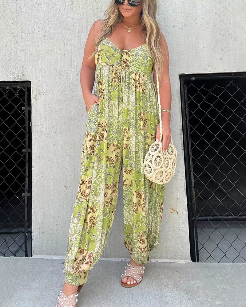 V Neck Street Daily Retro Printed Loose Fit Sleeveless Jumpsuits