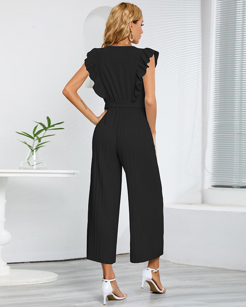 Casual Loose Jumpsuit V Neck Sleeveless Solid Ruffle Pleated Wide-leg Long Playsuit with Belt