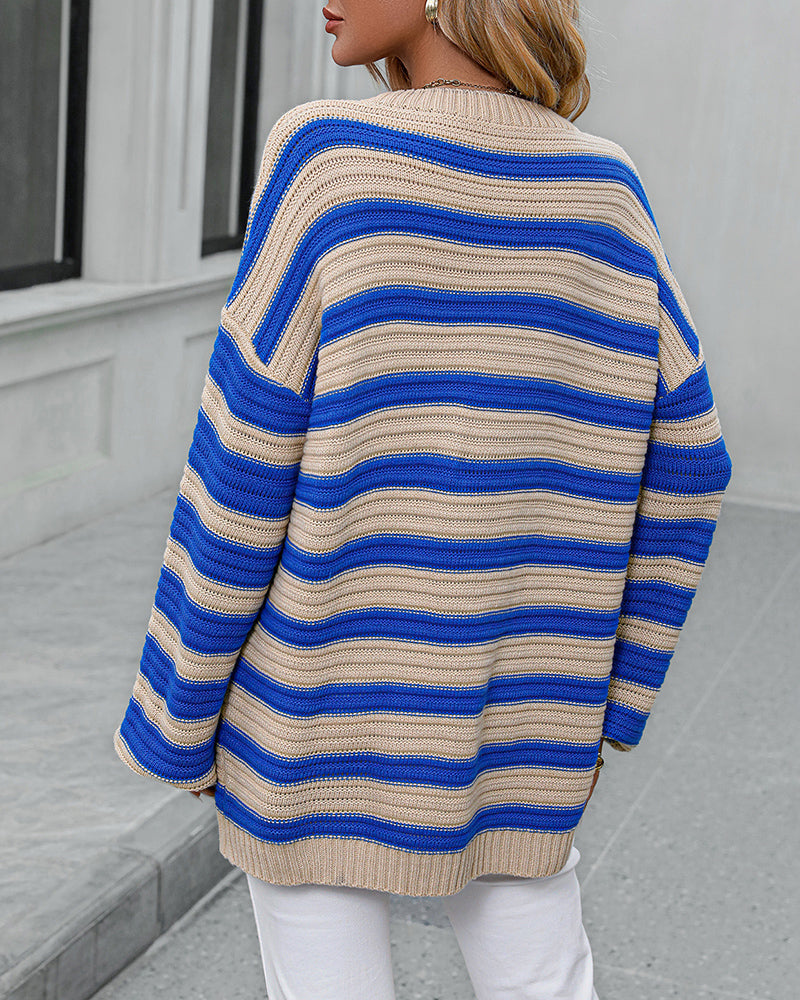 Striped Sweater Women Knitted Crew Neck Pullover Sweater