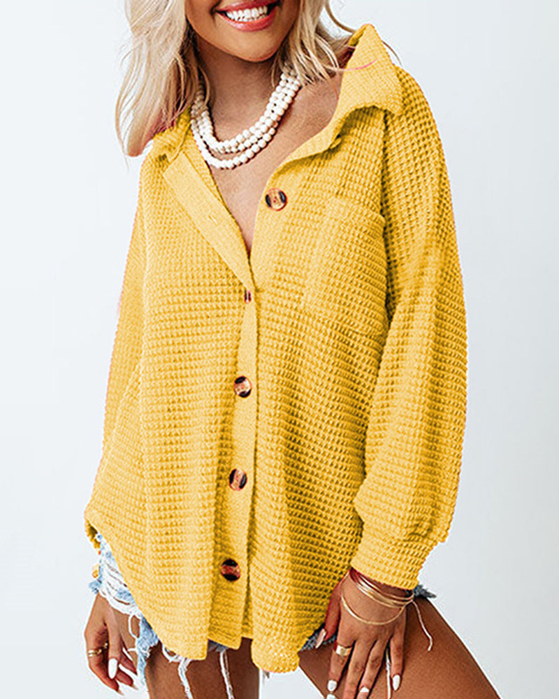 Waffle Knit Button Down Shirt Long Sleeve Loose Solid Color Tops