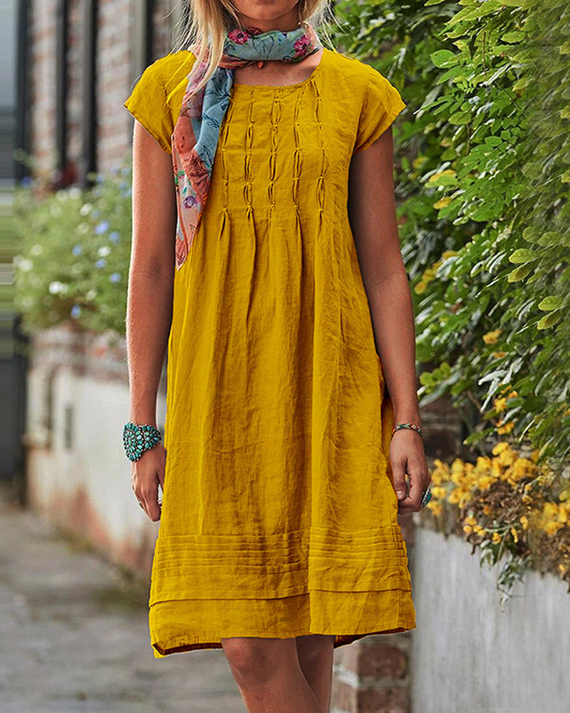 Knee Length Plain Crewneck Tunic Dress Ruched Short Sleeve Loose Pleated Sundress