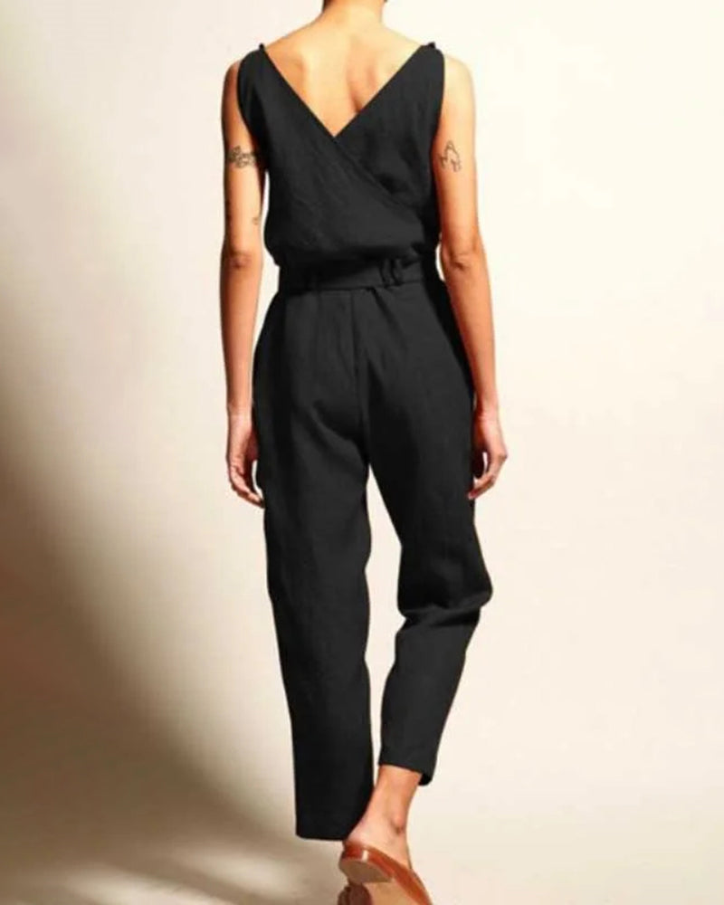 Sleeveless Backless Striped Jumpsuit Loose Trouser Suit Romper with Belt