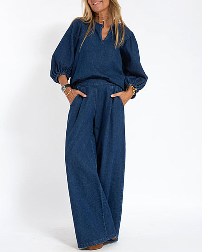 Casual Denim Two-piece Set Loose Puffed Sleeve Blouse and Wide-leg Pants