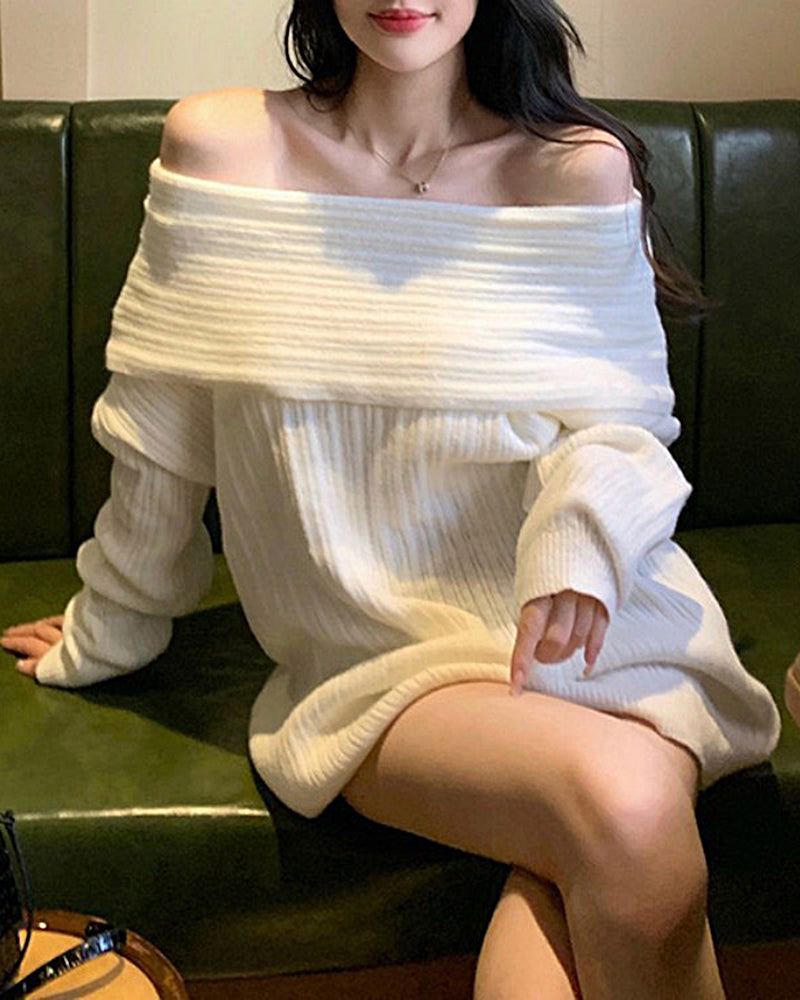 Off-Shoulder Plain Ribbed Sweater