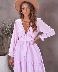 V-neck Bow Nodes Waist Ruffled Edge Dresses