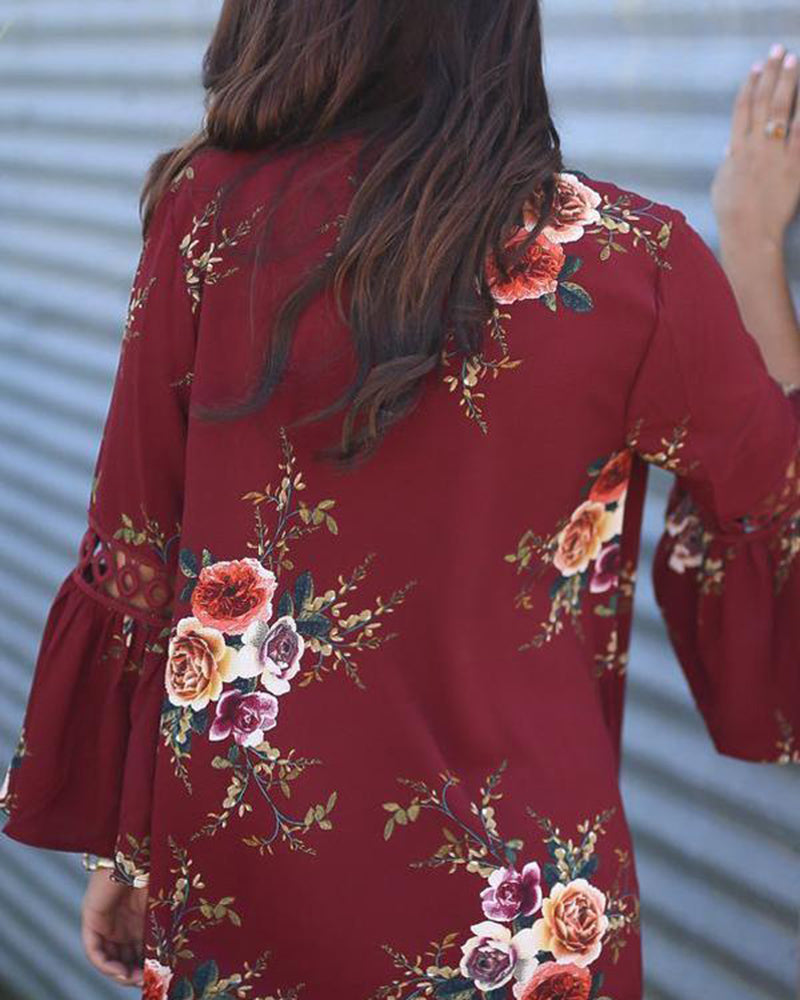 Flare Sleeve Floral Print Lace Blouse Cardigan