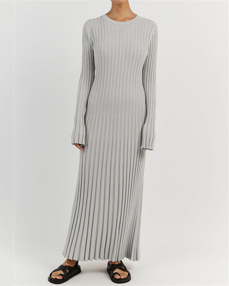 Long Sleeve Dress Crew-Neck Knit Maxi Dress Ribbed Elegant Long High Waist Pleated Dresses