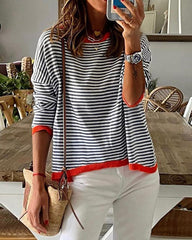 Casual V-Neck Long-Sleeve Knit T-Shirt Stripe Color Block Knit Tops
