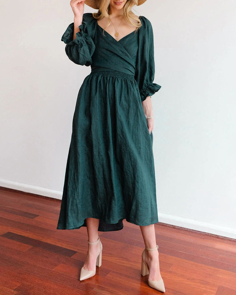 Rope Belt Ruffle Balloon Sleeve Dress Multi-Wear Elegant Midi Dress