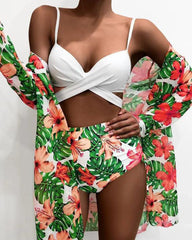 Printed Push-Up Padded Bikini Cover Up 3pcs Sets Lace-up Cross Front Swimsuits