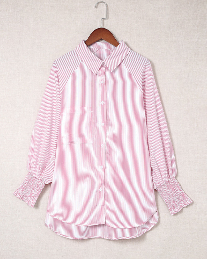 Stripe Button-Down Long Sleeve Shirt Contrast Business Casual Top Loose Blouse