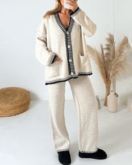 Casual Two-pieces Outfits Contrast Trim Knitted Cardigan and Trousers Pants Sets