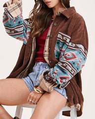 Corduroy Patch Print Pocket Coat Long Sleeve Jacket Top