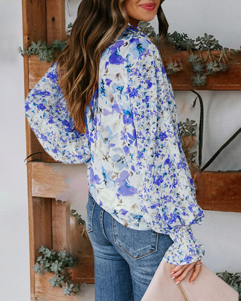 Long Sleeve Boho Drawstring Floral Print V Neck Shirt Buttoned Blouse Casual Tunic Tops