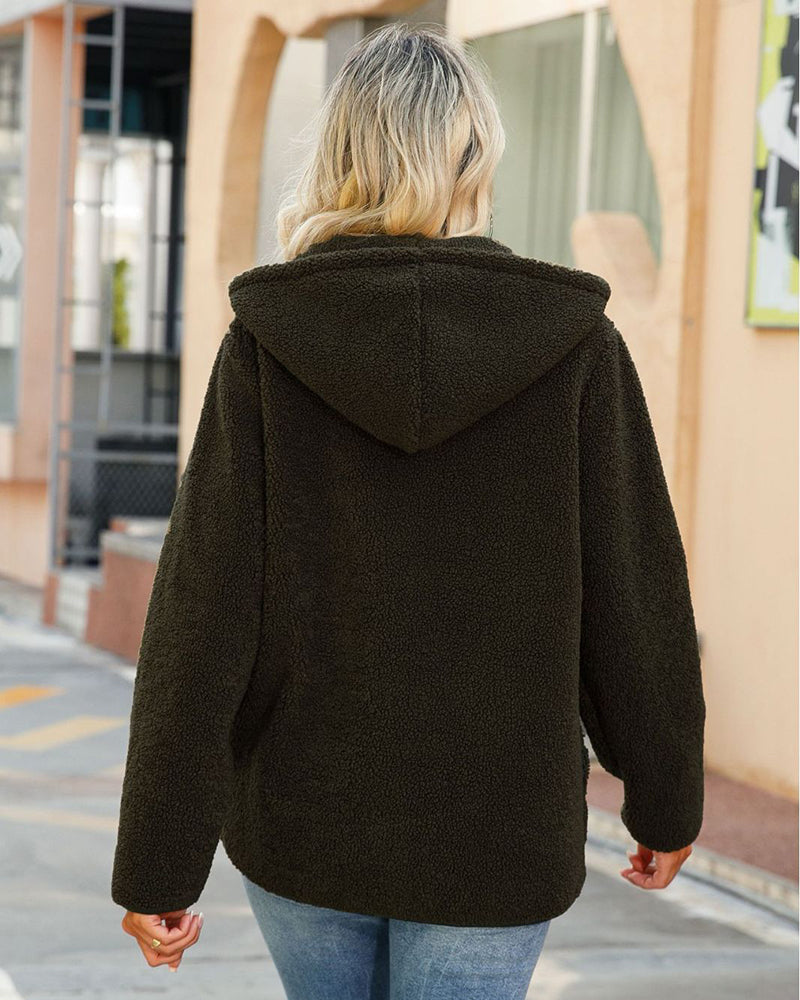 Zip Hooded Drawstring Teddy Coat