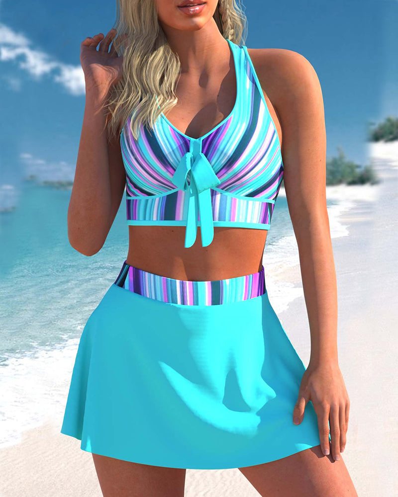 Two Piece Swimsuit With Skirt High Waist Cross Bow Swimwear Printed Bathing Suit