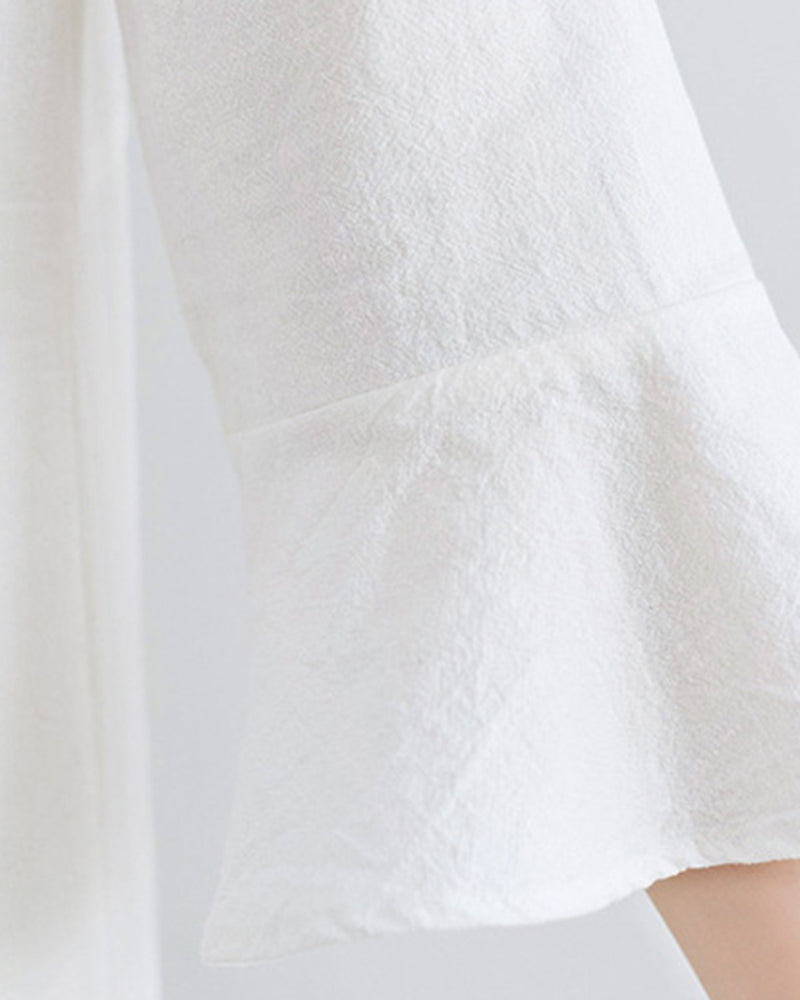 Loose Embroidered Floral Cotton Linen V-Neck 3/4 Sleeve Dress