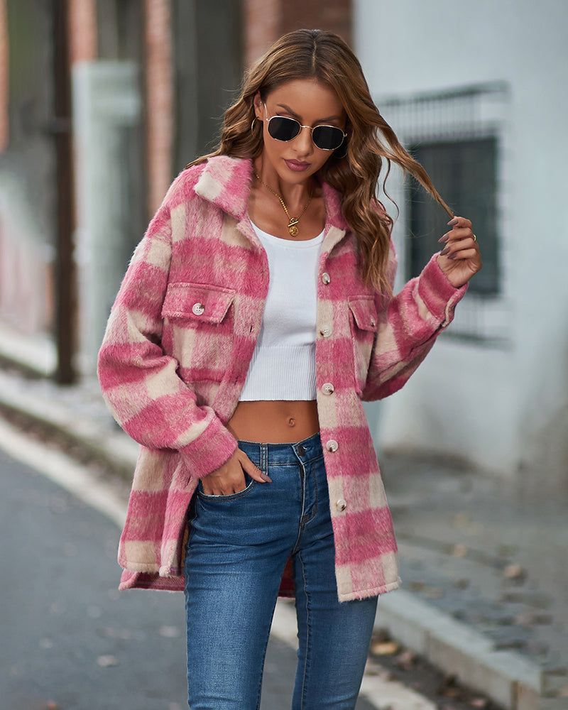 Plaid Fuzzy Longline Jacket with Pockets