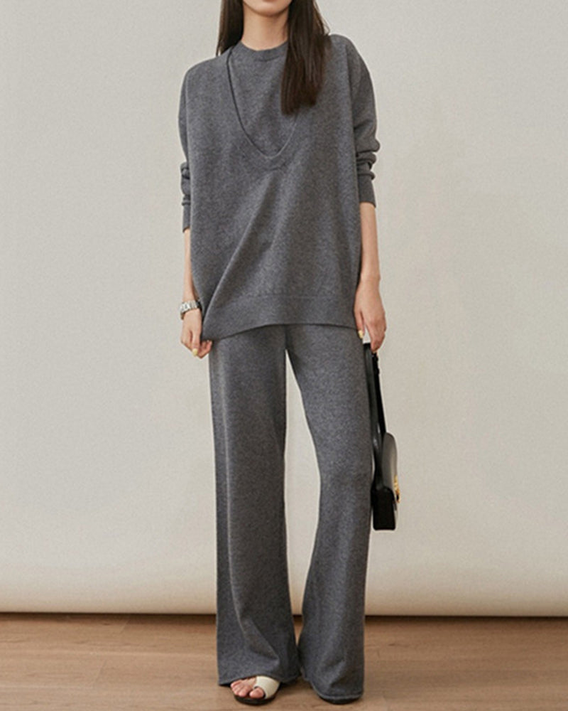 Casual Knit Long Sleeve Shirt Knit Vest Pants Three Piece Set
