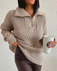 Zipper Lapel Twist Loose Solid Color Knitted Sweater