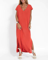 Casual V-neck Short Sleeve Loose Fit Slit Dress