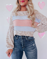 Contrast Color Top Leopard Print Round Neck Long Sleeve Sweatshirt