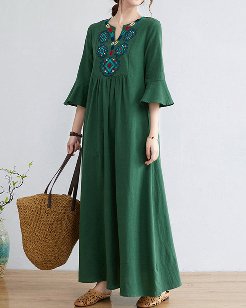 Loose Embroidered Floral Cotton Linen V-Neck 3/4 Sleeve Dress