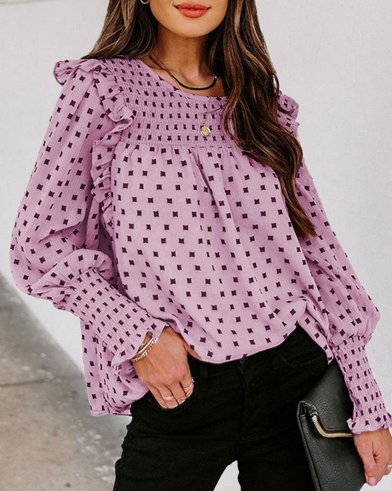 Polka Dot Chiffon Blouse Top Ruffle Lantern Sleeve Shirts Long Sleeve Office Blouse