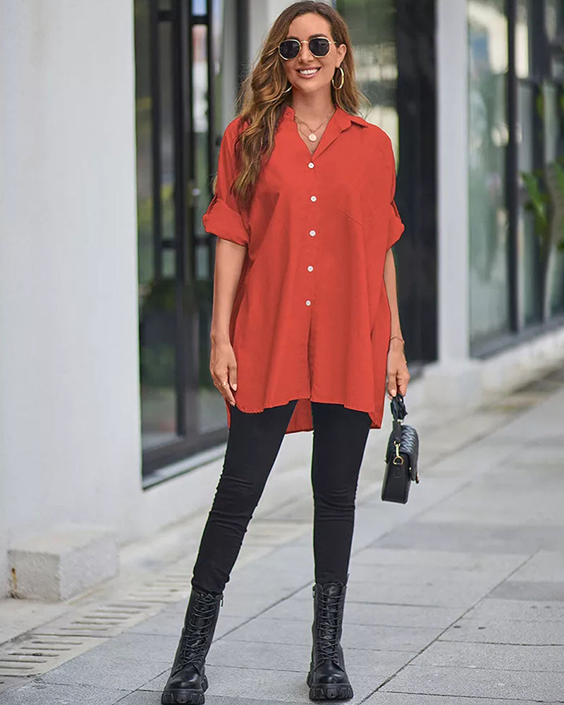 Long Cuffed Sleeve Shirts Button Down V Neck Blouse Loose Fitting Tops