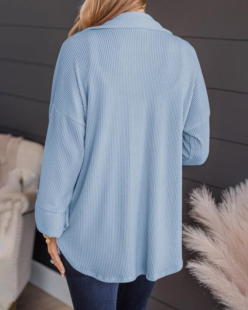 Striped Single-breasted Mid-length Corduroy Shirt Jacket