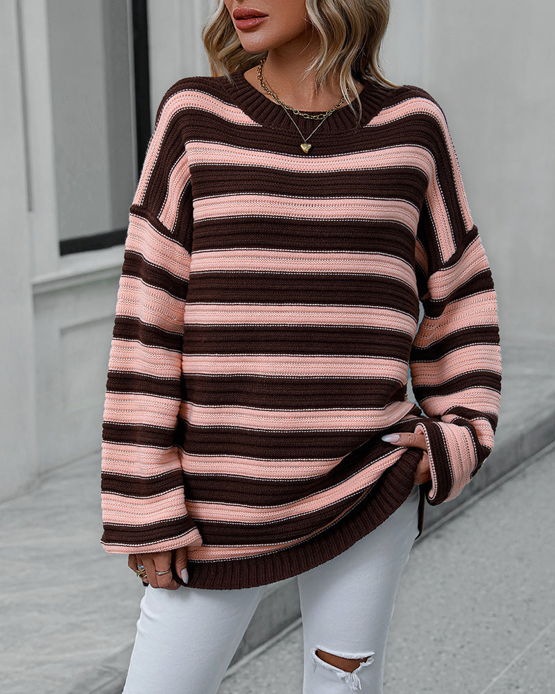 Striped Sweater Women Knitted Crew Neck Pullover Sweater