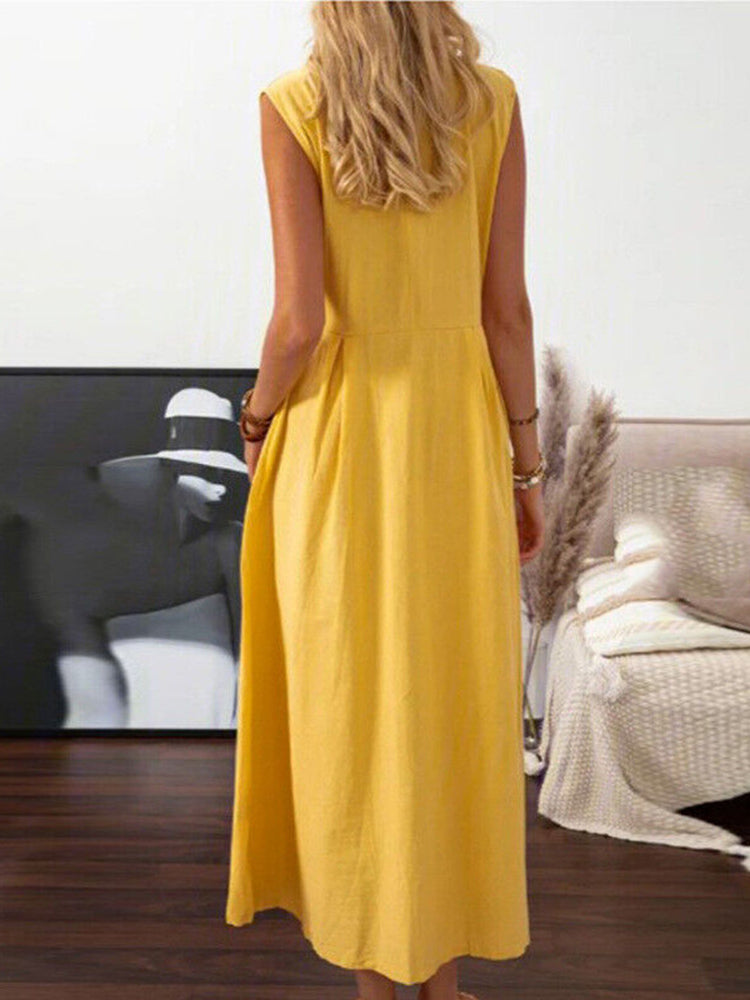 V Neck Lapel Button Down Maxi Dress Sleeveless Casual Beach Long A Line Shirt Sundress