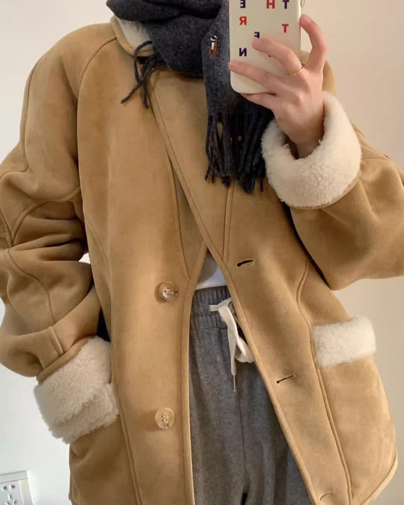 Lamb Wool Jackets Turn-down Collar Loose Fur Coat