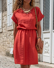 Solid Color Short Sleeve Splicing Plain Color Mid Dress