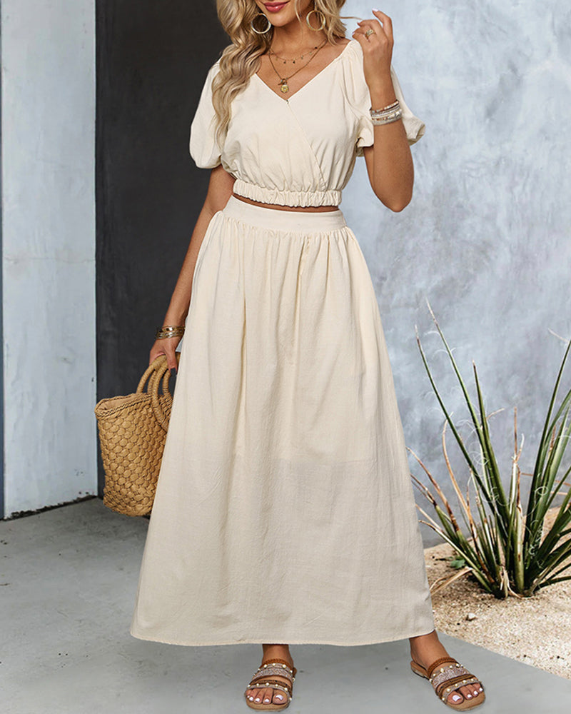 Two Piece Outfits Casual Lounge Sets Ruffle Sleeve Crop Tops and Long Skirts Suits