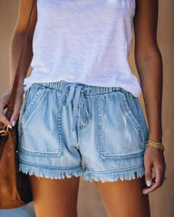 Denim Shorts Casual Drawstring Elastic Waist Summer Frayed Tencel Short Jeans With Pockets