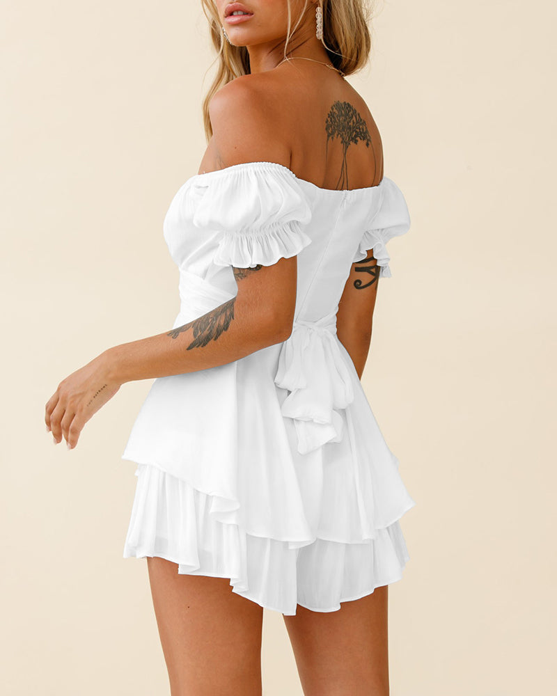 Off Shoulder Mini Rompers Solid Ruffle Hem Shorts Jumpsuit Dress