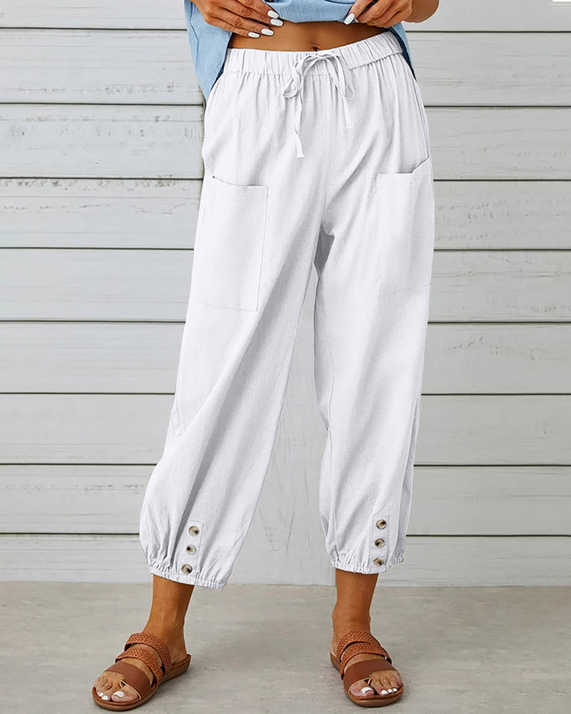 Plus Size Drawstring Soild Elastic Pocket Casual Pants