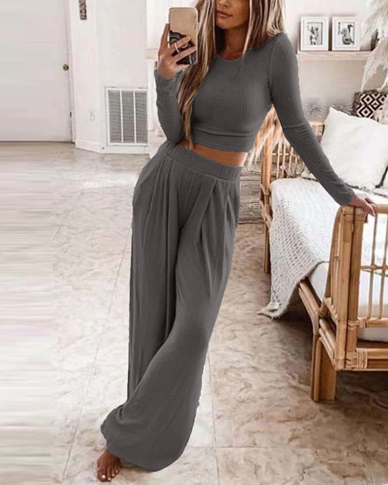 Two Pieces Sets Long Sleeve Crop Thread Top Casual High Waist Wide Leg Pants