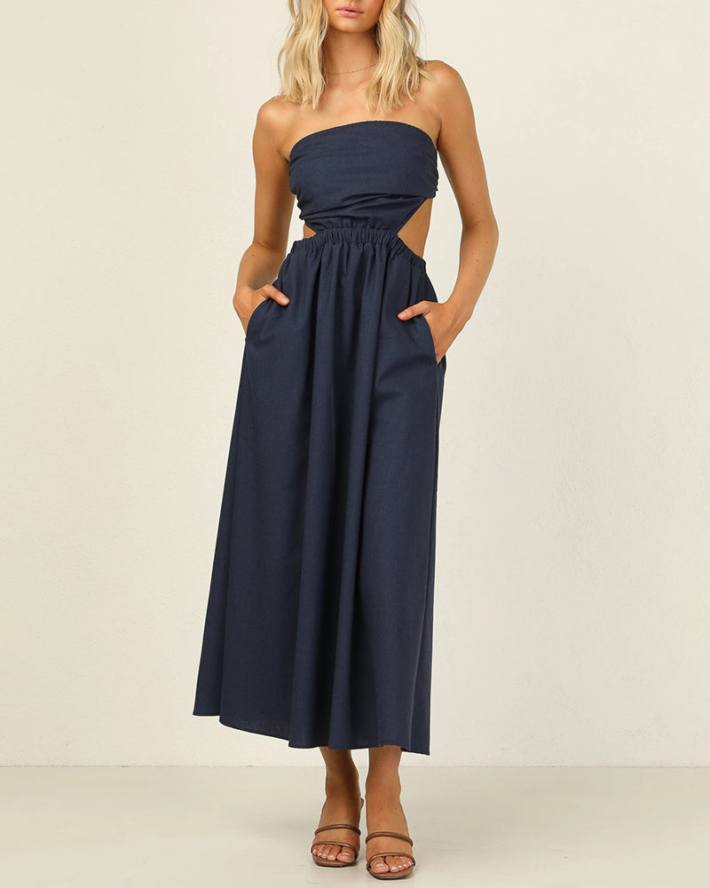 Summer Strapless Dress Off Shoulder Sexy Wrap Dress Solid Color Beach Dress