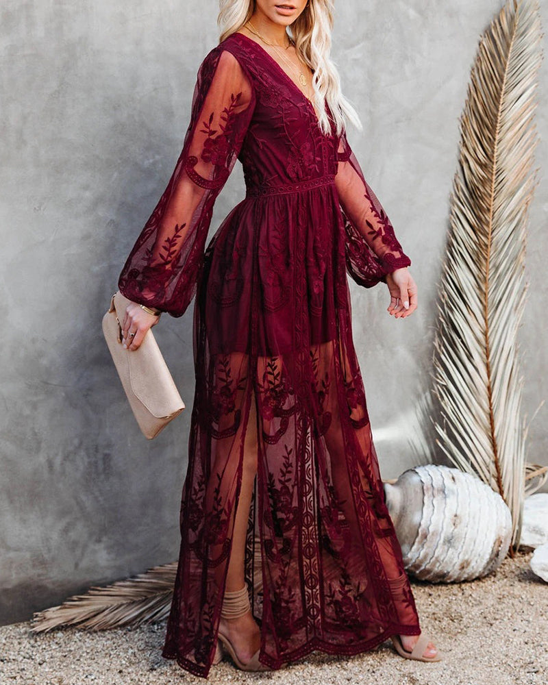 Floral Embroidery Lace Long Dress Deep V Neck Long Sleeve See Through Slit Elegant Holiday Dress