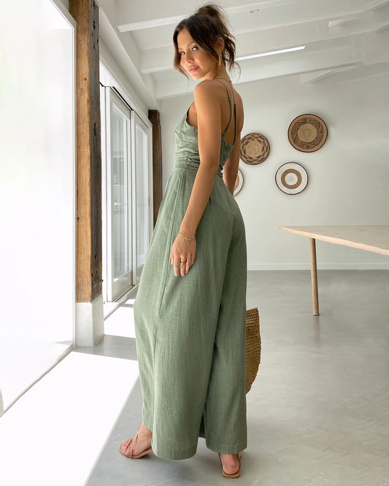 Straps Jumpsuits Romper One Shoulder Pleated High Waist Wide Leg Pansuits Casual Lounge Wear