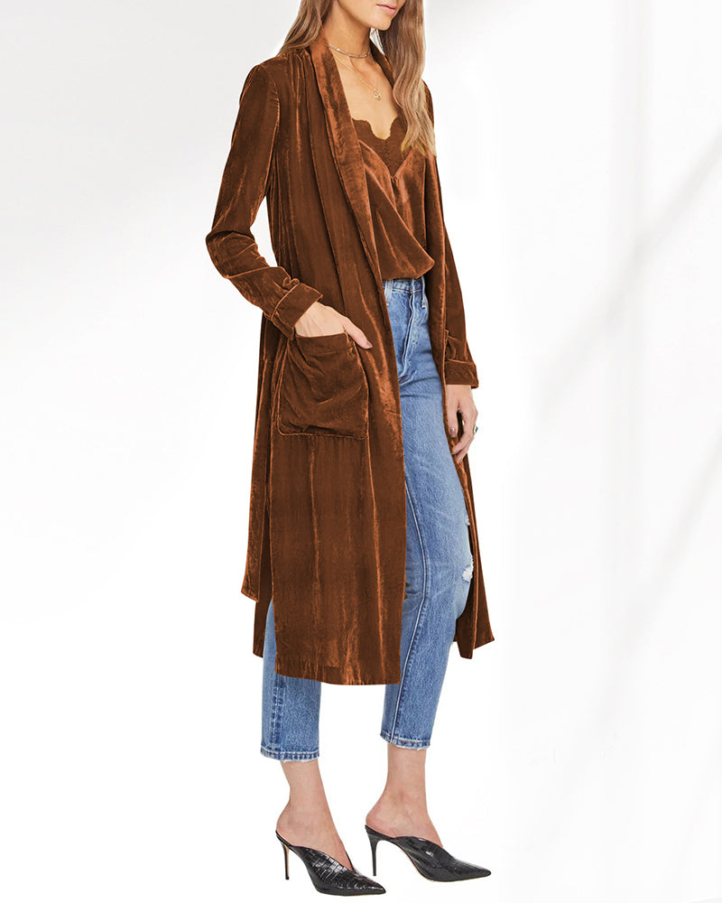 Long Velvet Cardigan Jacket Casual Open Front Velour Lapel Cardigan Maxi Blazer