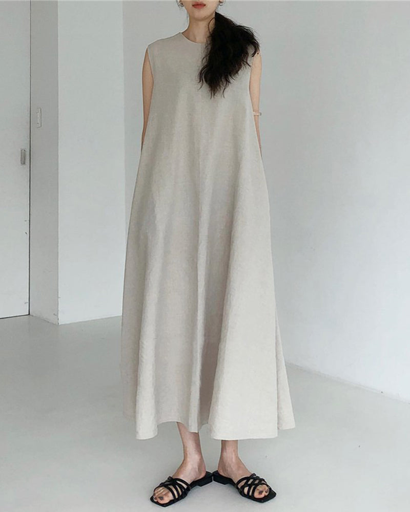 Loose Cotton Linen Dress Long Sleeveless Knee Tank Dress