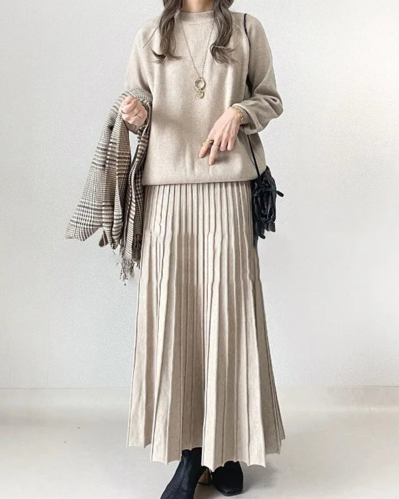 Loose Knitted Two-piece Pleated A-line Skirt Set