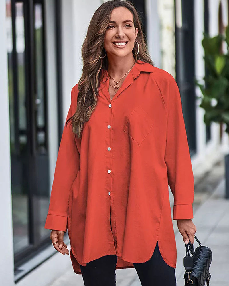 Long Cuffed Sleeve Shirts Button Down V Neck Blouse Loose Fitting Tops