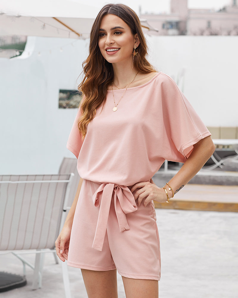 Short Sleeve Jumpsuit Crewneck Self Tie Loose Comfy Elegant Shorts Romper