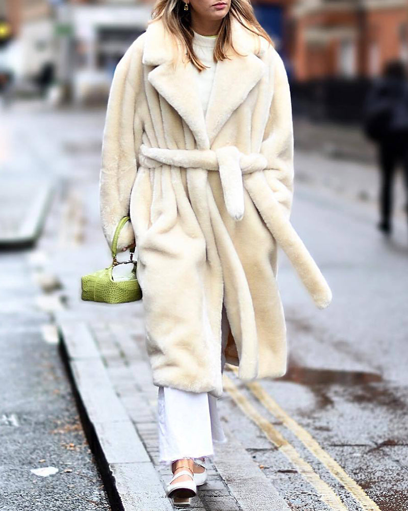 Women Warm Thick Coat With Belt Fax Fur  Long Coat